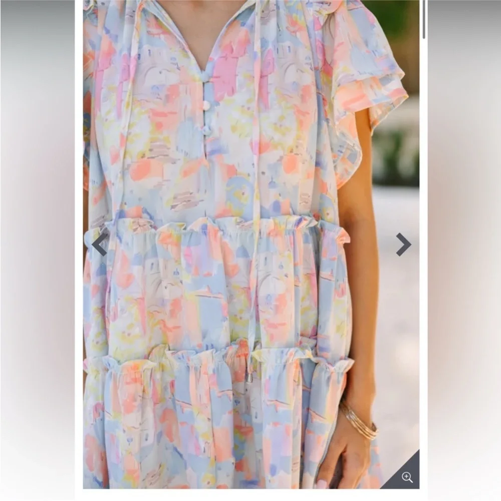 Entro NWOT Pastel Santorini Print Tiered Mini Dress Ruffle Sleeves Babydoll Med - Picture 5 of 8